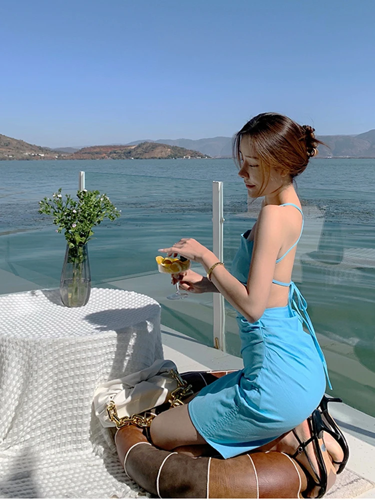 

Blue Women's Backless Vintage Mini Skirt Beach Bohemia Holiday Dresses For Party Clothes For Women 2022 Clothing Fairy Dress