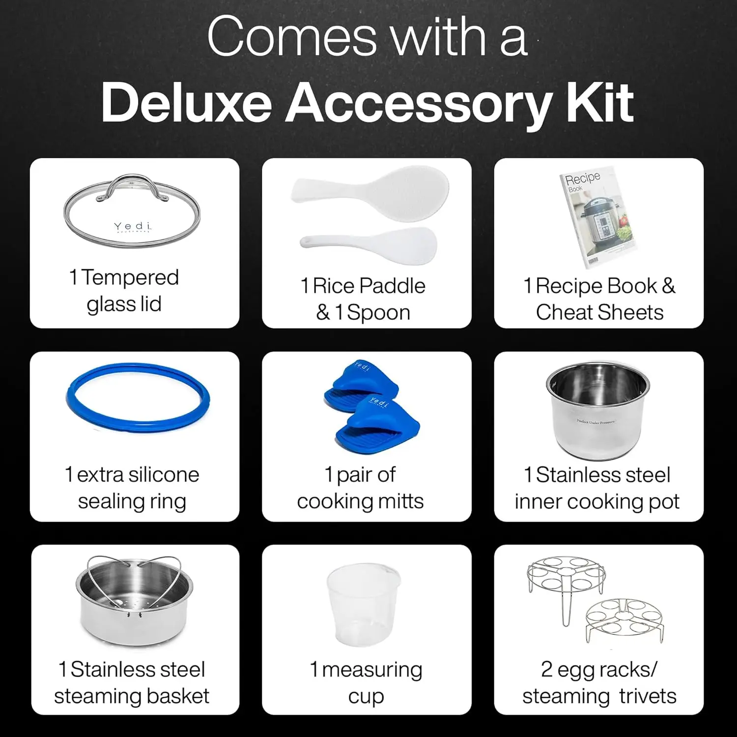 9-in-1 Total Package Instant Programmable Pressure Cooker, 6 Quart, Deluxe Accessory kit, Recipes, Pressure Cook 3