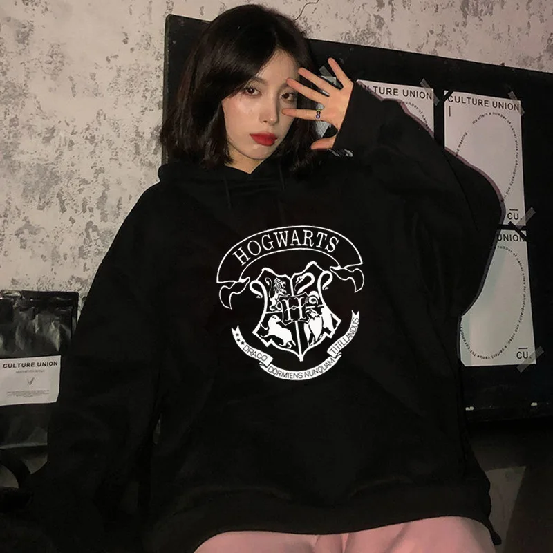 Fashion y2k Hogwarts Printed Hoodies Women Sweatshirt Autumn Winter Long Sleeves Plus Velvet Casual Loose Fleece Tops Oversized 2