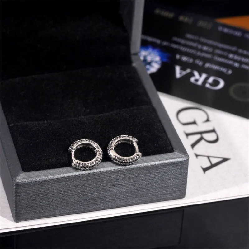 925 Silver Iced Black Color Moissanite Hoop Earrings 3 Rows Hiphop Women Diamond Circle Huggie Earrings Pass Tester Wholesale 2