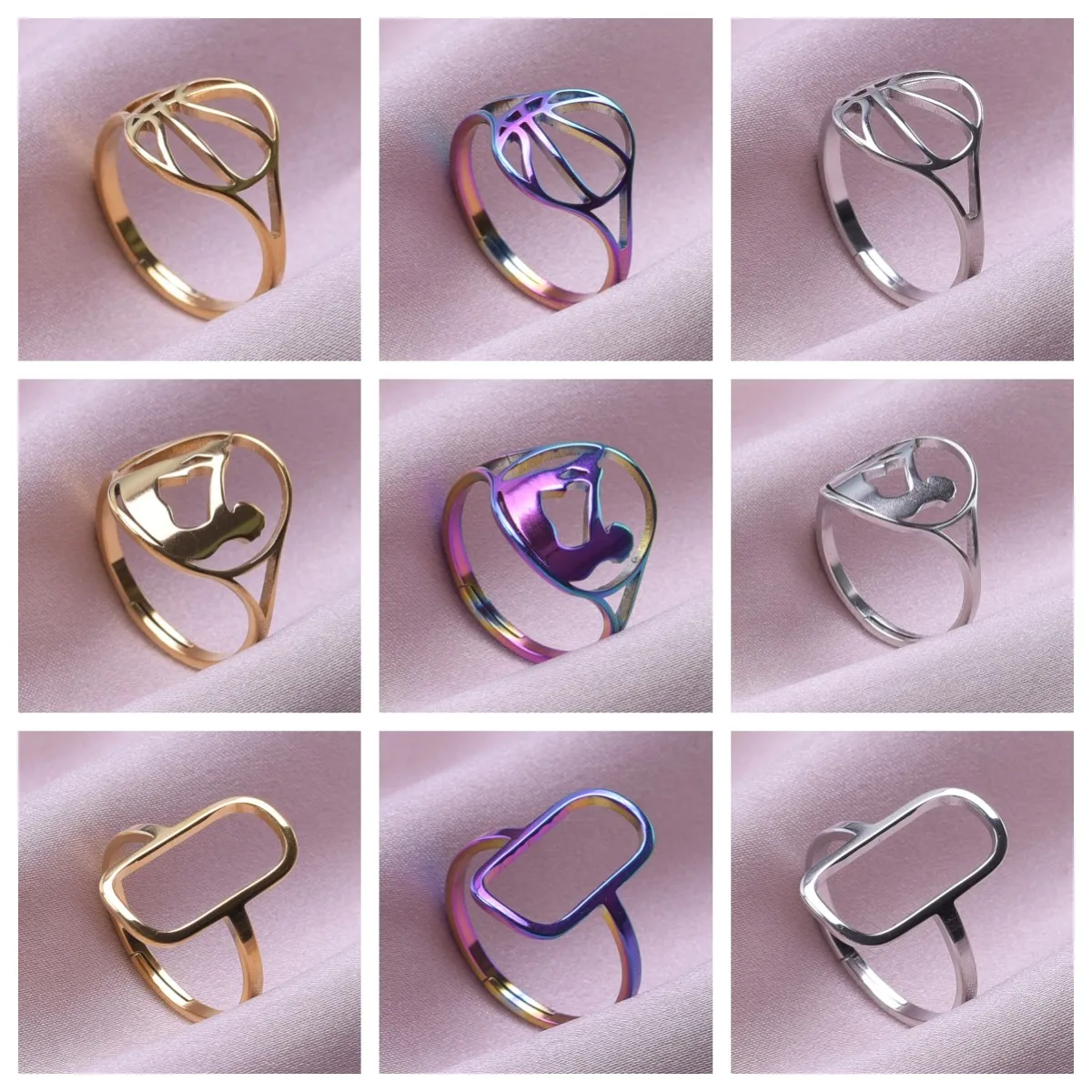 

10pcs Basketball/Yoga/Geometry Stainless Steel Rings for Women Vintage Adjustable Electroplate Wedding Jewelry Ring Accessories