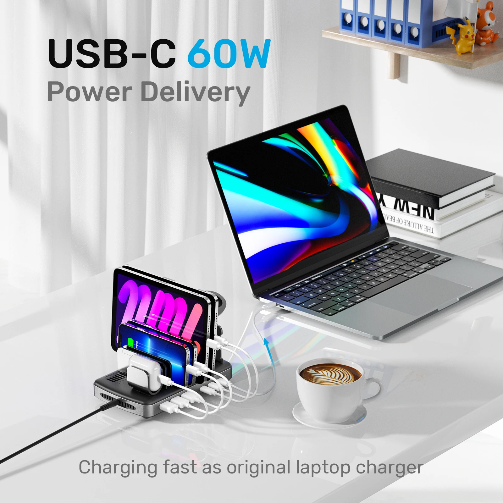 Unitek USB C Charging Station 120W Fast Charging Stand with Type-C PD 60W 6  Ports Charging Dock for iPhone iPad Airpods MacBook