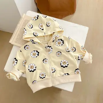 2024 0-3 세 용수철 유아 소녀 가디건, 신선한 꽃 후드, 다용도 긴 소매 신생아 소녀 코트, 심플한 아기 소녀 상의