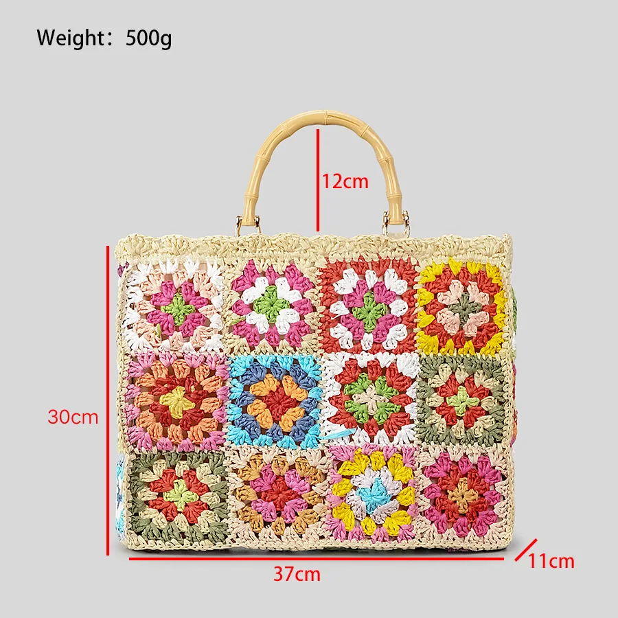 Bohemian Granny Platz Staw Handtaschen Casual Papier Woven Bambus Griff Frauen Hand Taschen Handgemachte Summe Strand Tasche Große Tote Geldbörse