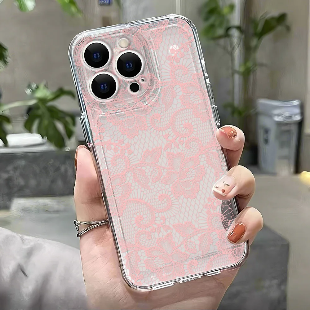 Elegant White and Pink Lace Floral Pattern Clear Phone Case
