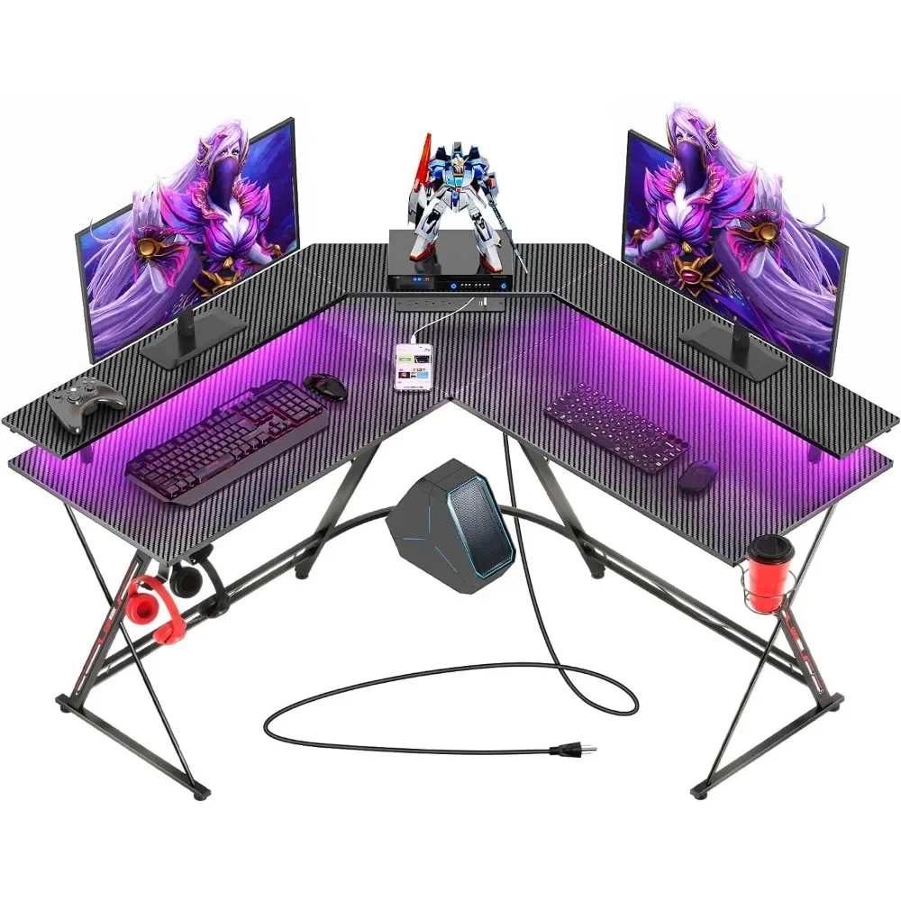 L Shaped Gaming Desk with LED Lights & Power Outlets, 50.4” Computer Desk with Monitor Stand & Carbon Fiber Surfac