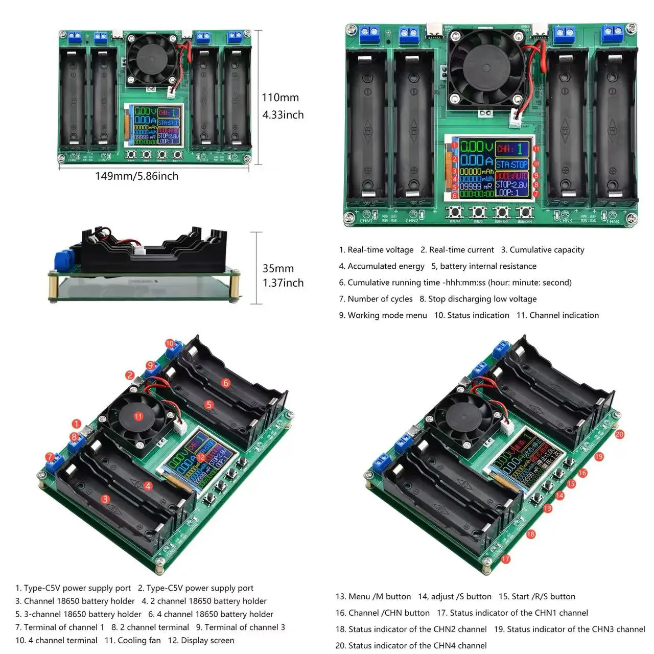 18650 Li-ion Battery Capacity Tester Auto Internal Resistance Tester MAh MWh Digital Battery Power Detection Module 2/4 channels