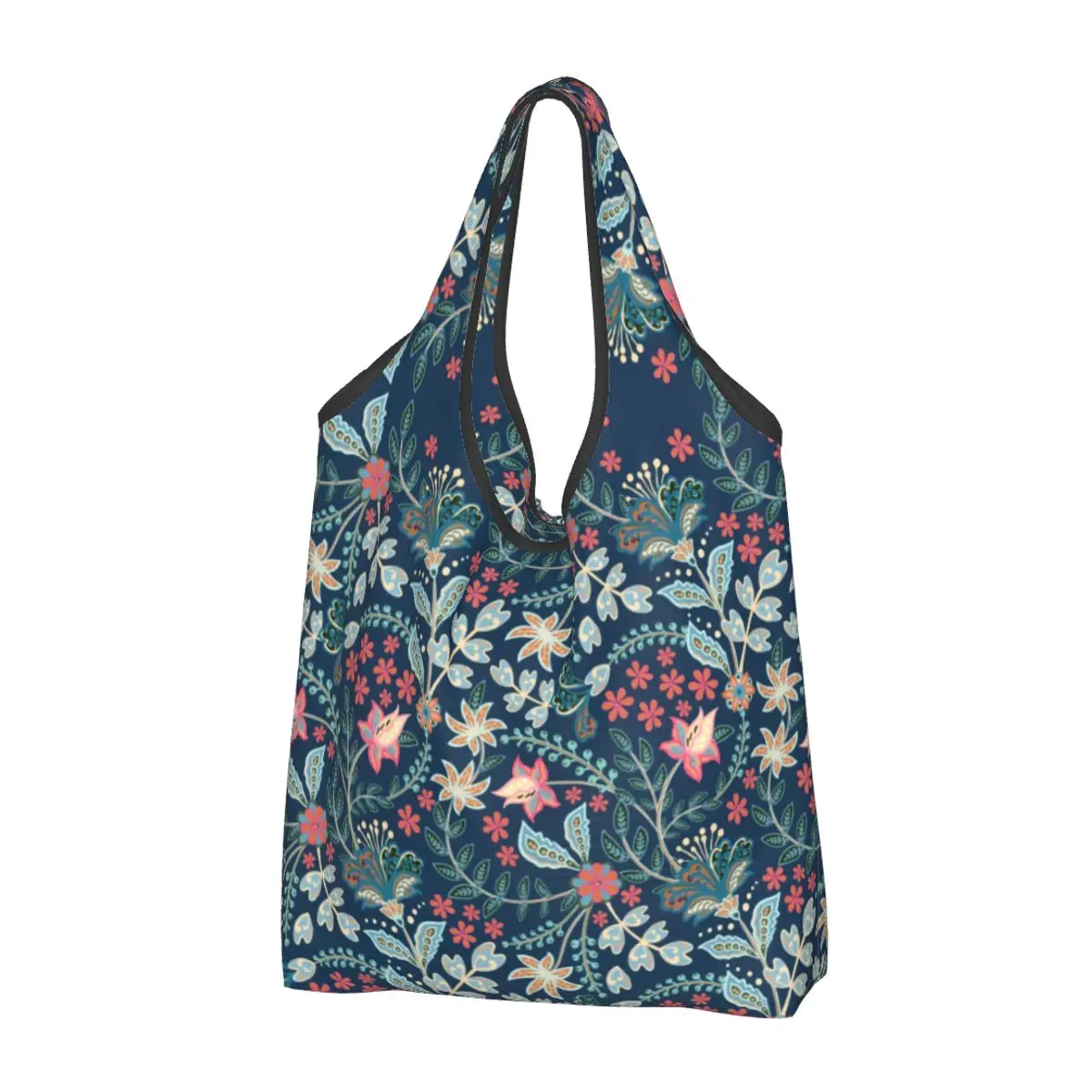 

Recycling Mexican Summer Floral Blue Shopping Bag Women Tote Bag Portable Flower Pattern Grocery Shopper Bags