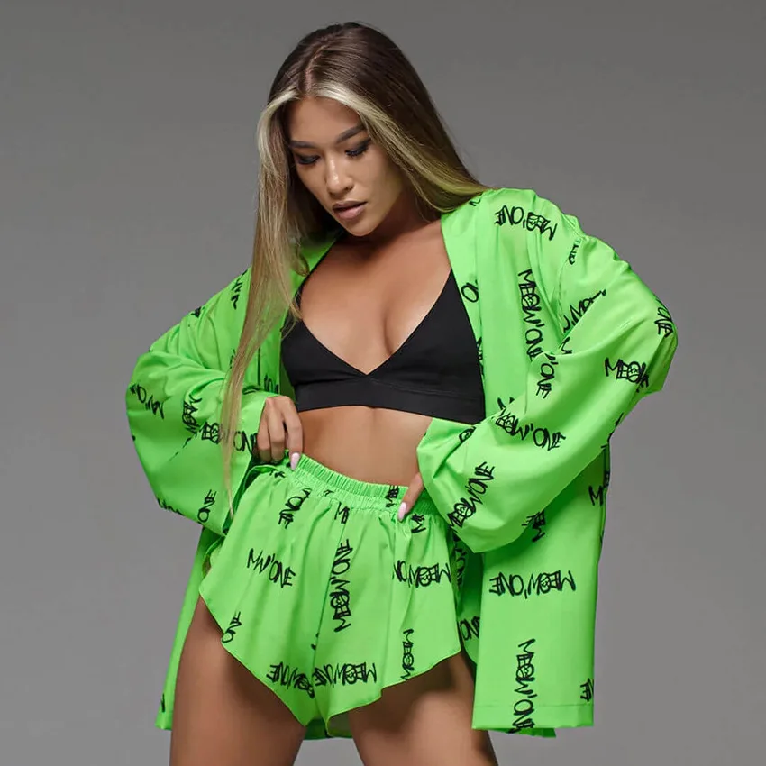 

Sexy Kimono Robe Green Outfit Long Sleeve Home Clothes White 2Pcs Shorts Set Homewear Sexy Loose Pajamas Shorts Set Loungewear