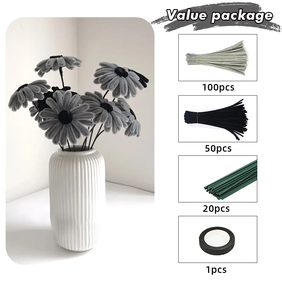 Chenille Stem Grey Pipe Cleaners Craft Sticks Craft Supplies Colored Pipe Cleaner Creative Handmade DIY Flowers