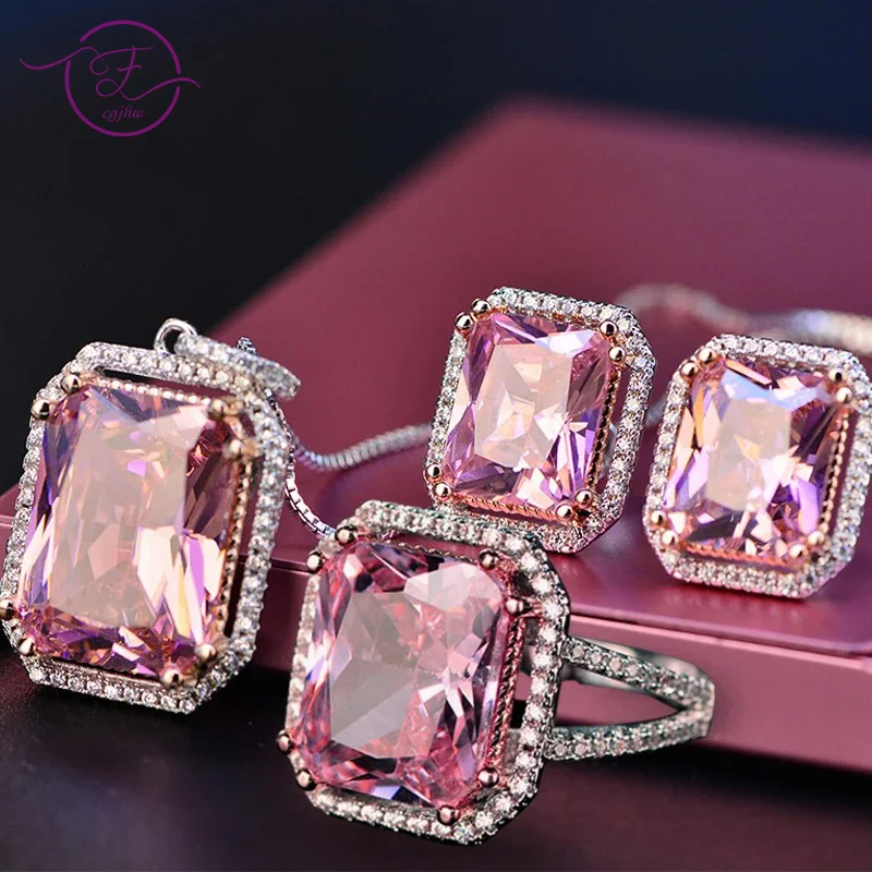 Top Quality Silver Jewelry Sets Pink Quartz Cubic Zircon Ring Earrings Necklace Wedding Exquisite Jewelry Wholesale FCGJHW 1