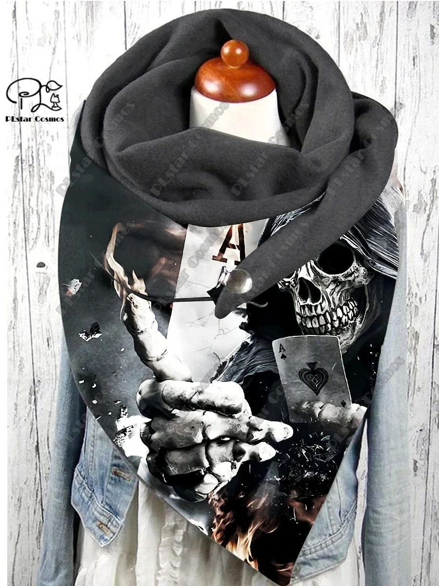 PLstar Cosmos 3D printed scary skull ghost black cat pattern printed warm shawl scarf spring and winter large triangle scarf