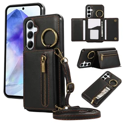 Elegant Leather Crossbody Wallet Case with Zipper and Card Slot for Galaxy S24Plus (Black)