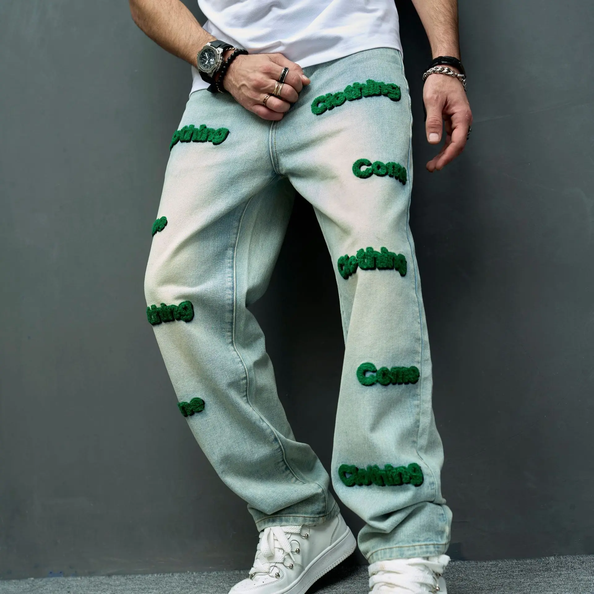 

2023 Autumn European Style Streetwear Men's Jeans Staight Fit Towel Embriodery Letters Trousers For Man