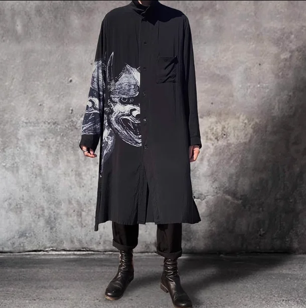 

Yohji Yamamoto Black Shirt Coat Dark Wind Prajna Print Dark Day Shirt Fashion Designer Style Long Trench Men Causal Coat