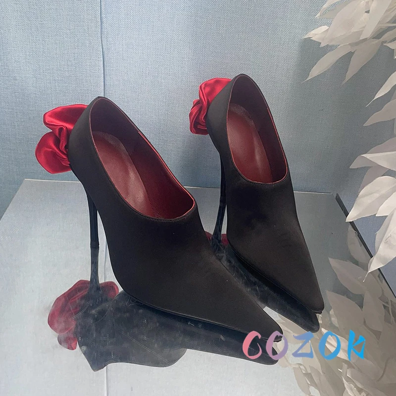 Sexy Black Pointed Toe Flower Decoration High Heels Summer Women's Large Size Dress Shoes Formal Lady Banquet Shoes 2