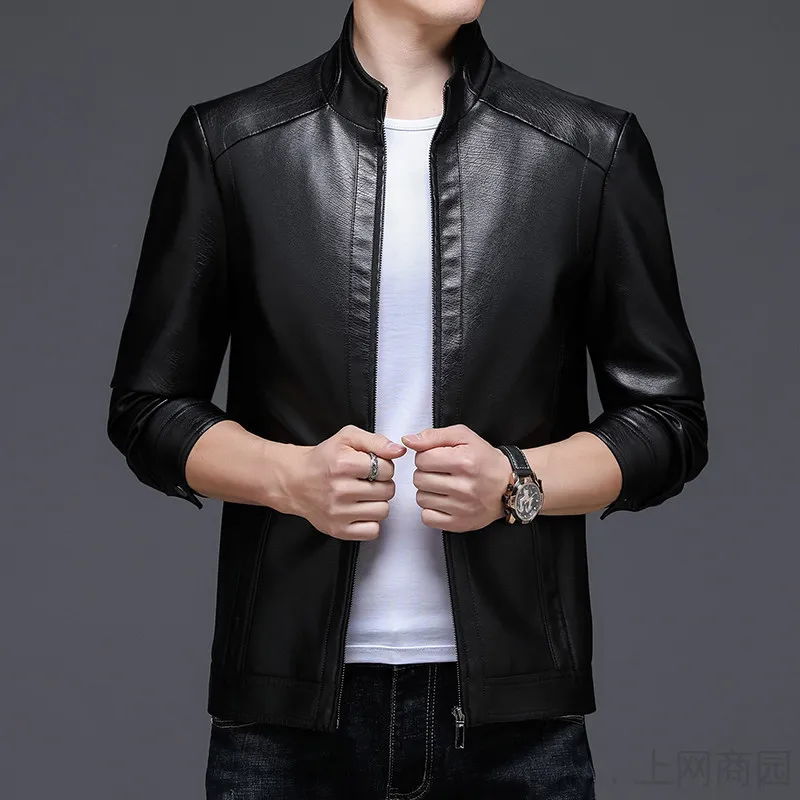 2023 Autumn New Men Fashion Large Size Leather Clothing Slim Fit Stand Collar Casual Biker Leather Jacket Men Solid Color Top