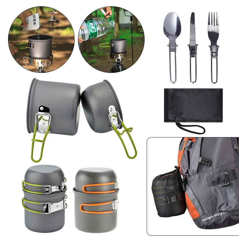 Outdoor Tablewar Set Pot Camp Cooking Supplies Portable Picnic Cooking Tableware Fork Spoon Camp Non-stick Pot Set with Dishware