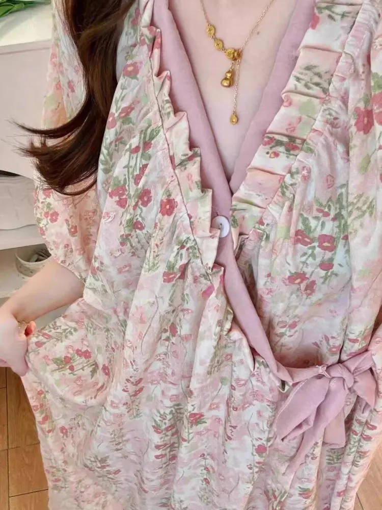 2026 New Women's Sleep Robe Summer Short Sleeve Monet Garden Mid-Length Pure Desire Style Sleep Dress Home Clothes - 5