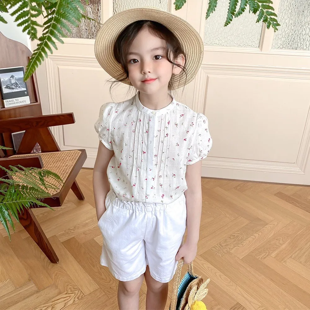 

Girls summer tops cotton and linen soft blouse French Floral Pastoral Style Sweet Girls Top