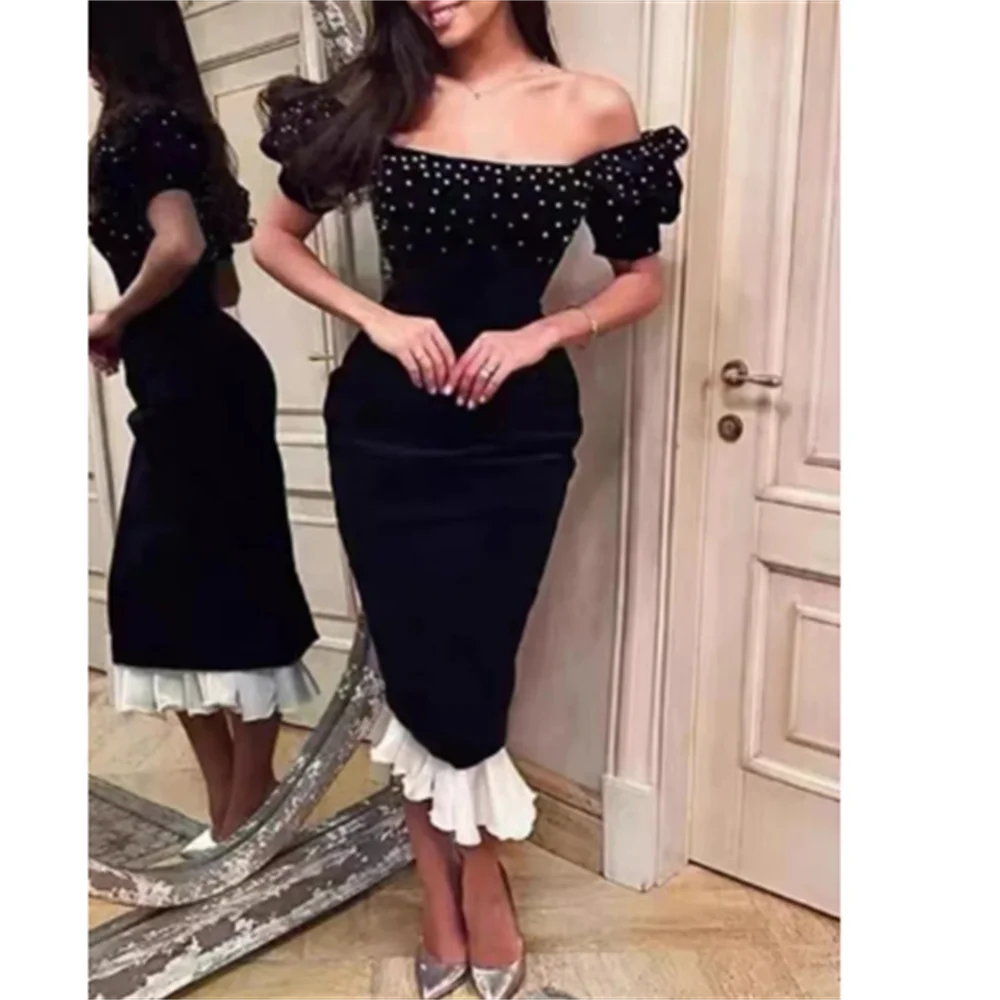 

Соблазнительное платье, новинка, воротник «одно слово», рукав-пузырь, белый лотос, край листьев, Прошитые ягодицы