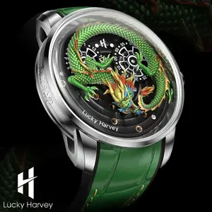 Lucky Harvey Automatic mechanical movement watches for men Synthetic sapphire 3D  Engraving Chinese dragon dial waterproof watch