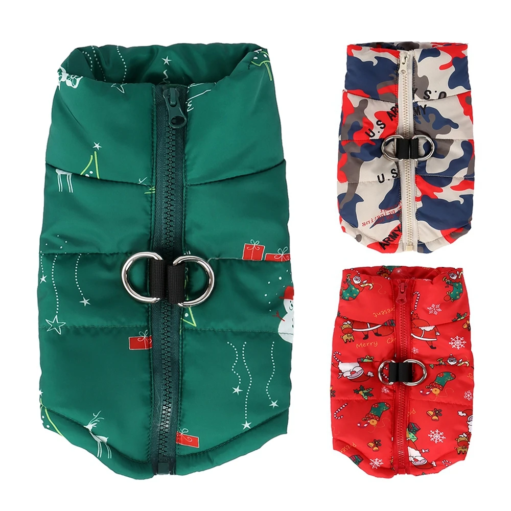 Christmas Dog Coat Zip Up with Dual D Ring Warm Puppy Vest Cold Weather