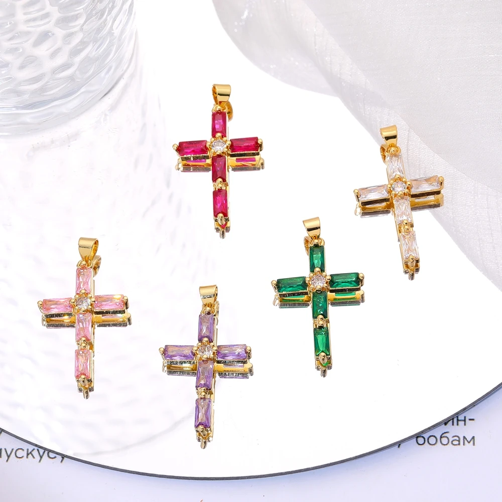 Juya 18K echtes Gold vergoldet religiöser Rosenkranz Schmuckzubehör handgemachte Zirkonia christliche Kreuz Charms Anhänger Großhandel – Detail 2