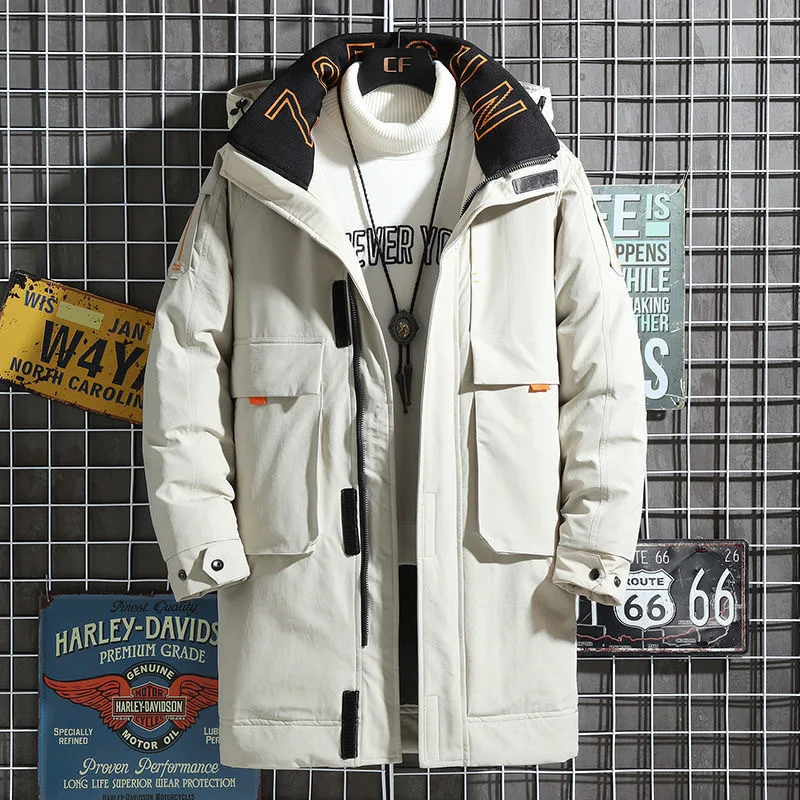 

Down jacket men's winter mid length hooded casual versatile windproof, cold resistant, warm and plush thick jacket