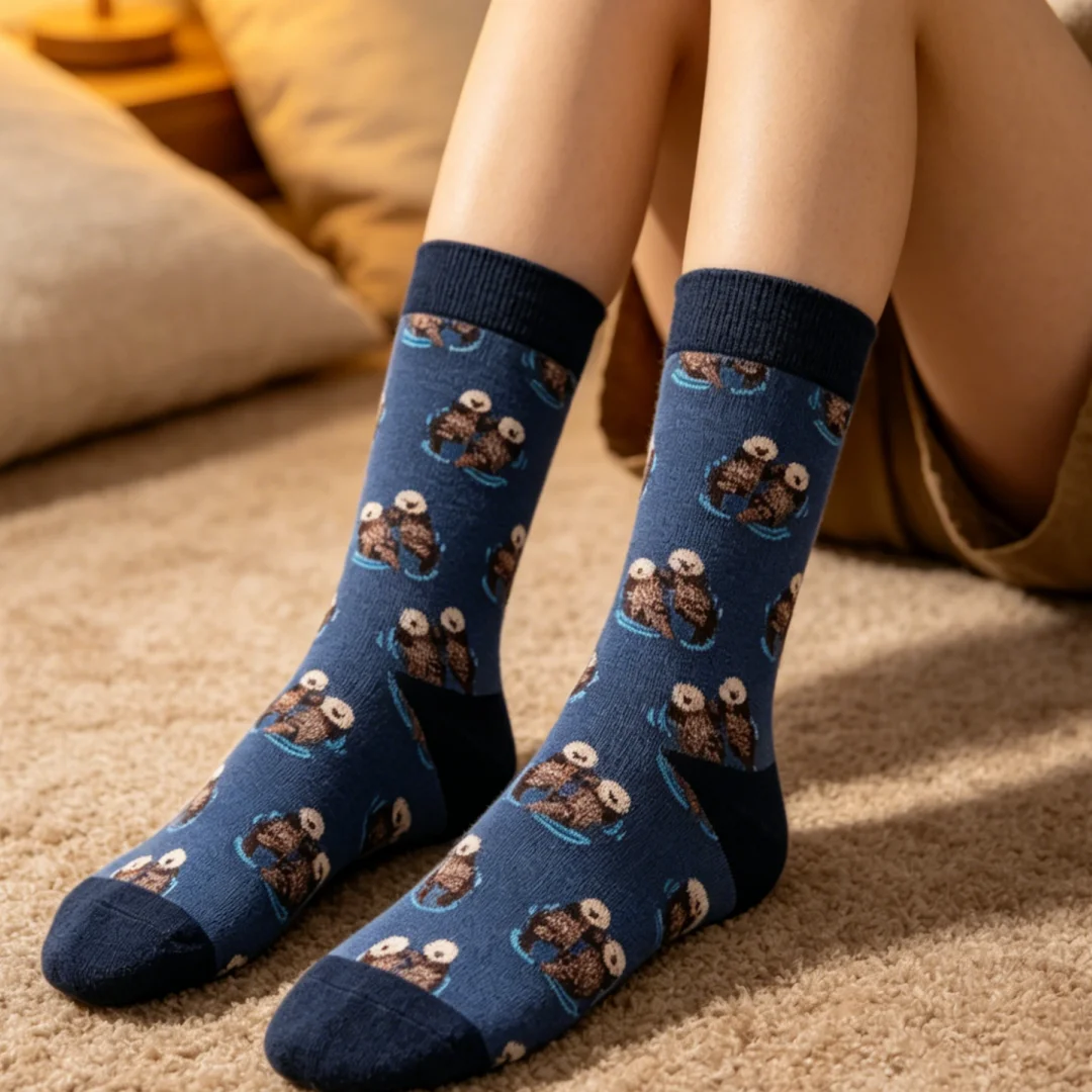 Pair of Comfy Novelty Cute Otter Swimming Mid-Calf Men's Socks