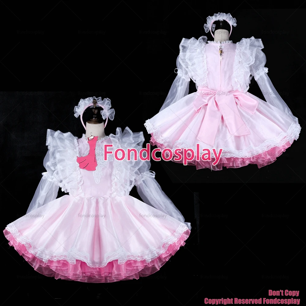 

fondcosplay adult sexy cross dressing sissy maid short baby pink white organza satin dress lockable Uniform CD/TV[G2311]