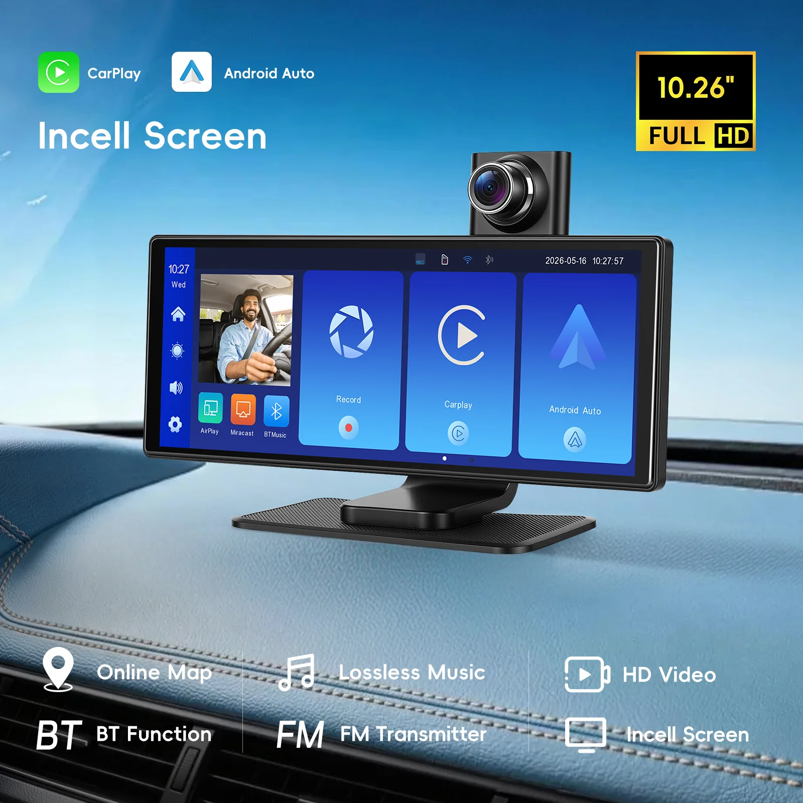 Podofo 10.26" Autoradio Multimédia Universel avec Écran 4K, Caméra de Tableau de Bord, Carplay Sans Fil, Android Auto, Bluetooth et WiFi pour Voitures et Fourgonnettes 1
