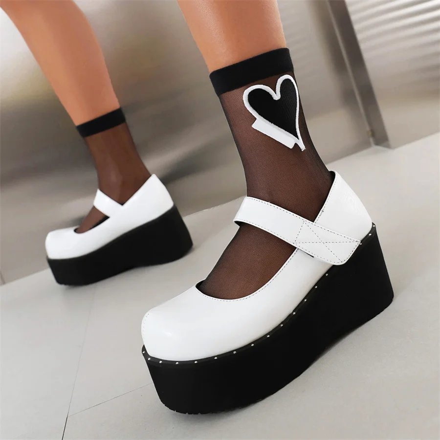 

High Heels Loafer Shoes 2023 Female Platform Casual Mary Janes Shoes Plus Size 40-43 Comfortable Wedge White Women Shoes