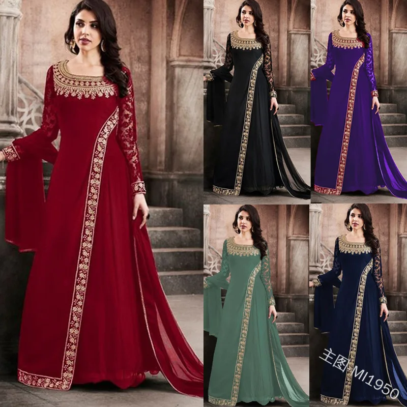 New 2023 Women Retro Lace Stitching Irregular Dress Round Neck Long Sleeve Cloak Chiffon Dress Muslim Abaya Loose