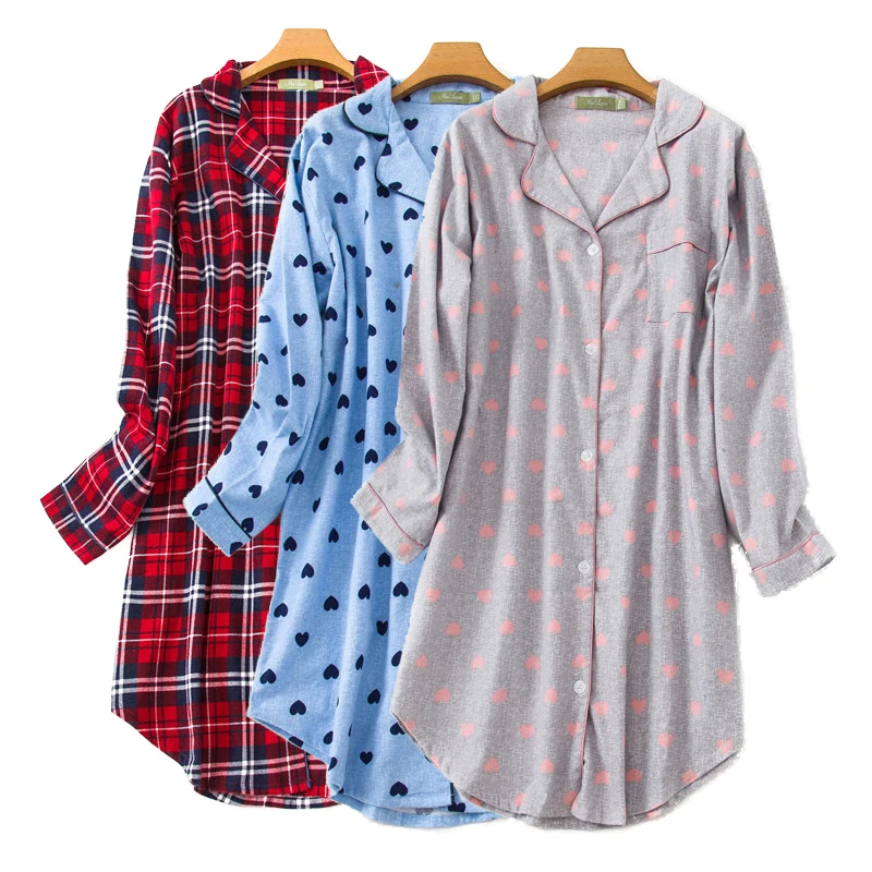 Plus size 100% Cotton Women's Flannel Boyfriend Nightshirt Nightgown Nightdress Pink Plaid Cat Sleepwear Sleepshirt Nightgowns