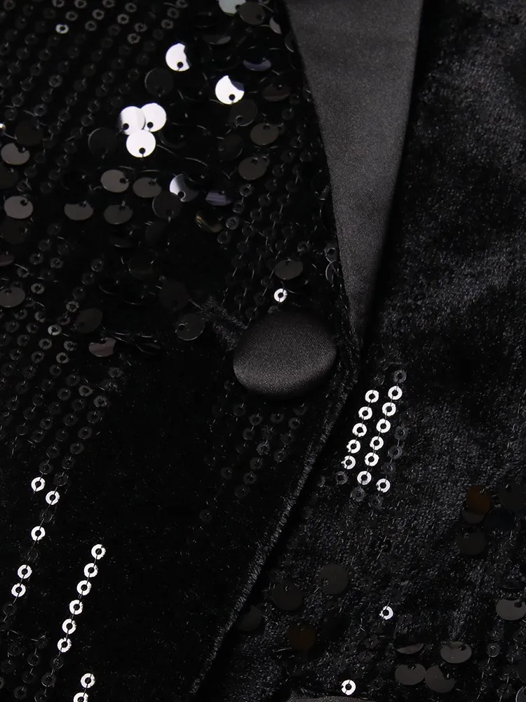 KBQ Patchwork Feathers Solid Blazers For Women Notched Collar Long Sleeve Spliced Sequins Temperament Blazer Female Fashion New