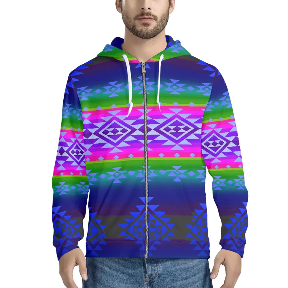 Man Long Sleeved Sweatshirts Amercian Tribal Pattern Full Zip Up Coat Tops  Oversized Hoodie Streetwear Men's Jacket Clothing
