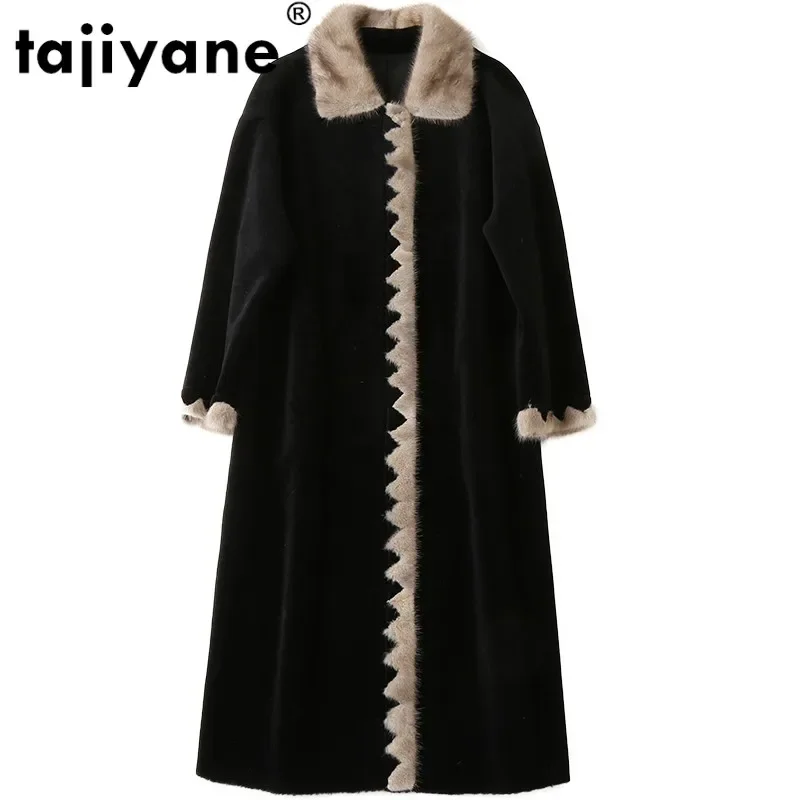 

Winter Women Coat Real Fur Women Tops Sheep Shearing Fur Coat Mink Fur Collor 2024 Long Black Wool Jacket Women Tops ZT1298