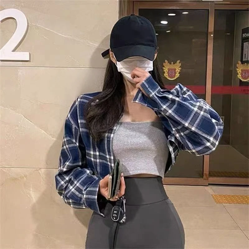 

Women's Casual Plaid Turn Down Collar Korea Style Grid Shirts Fall Spring Girl Long Sleeve Loose Plaid Cropped Blouse