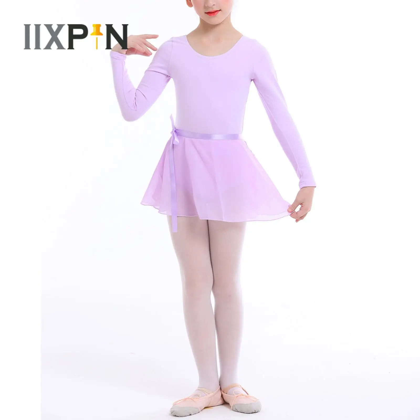 

Kids Girls Ballet Dance Costume Long Sleeve Round Neck Dance Leotards Dancewear with Chiffon Skirt for Gymnastics Performance