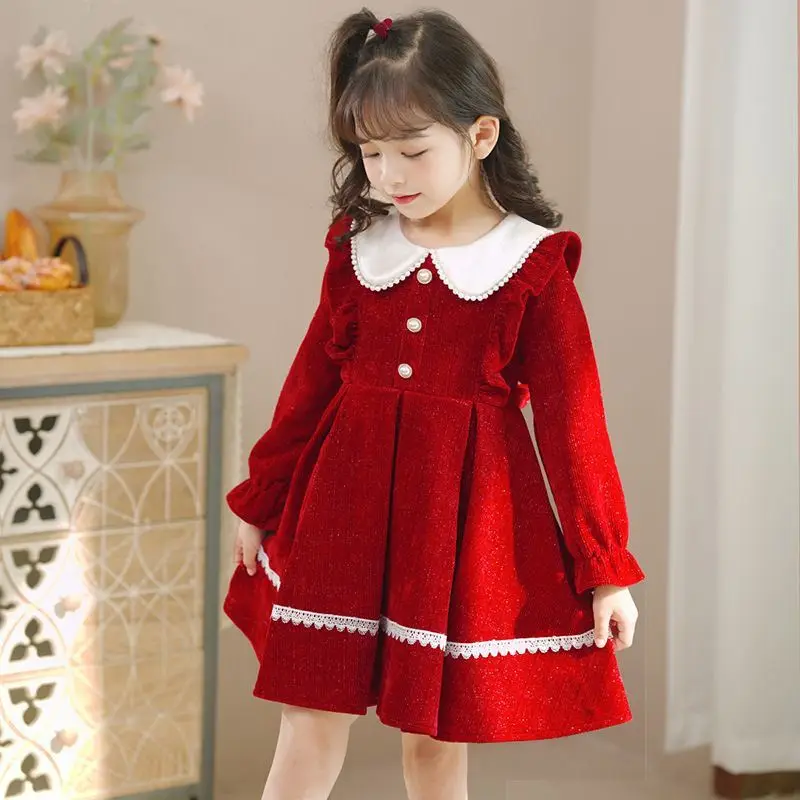 2024 new spring Europe Kids girl clothes red long sleeve retro pearl princess Dresses teenager lace pleuche 6 8 9 10 11 12 year- S3ba25d1ca5ca4632bdd65f2b6a2135ddH
