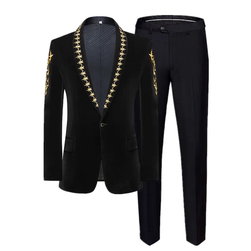 New Men Luxury Velvet Suit 2 Piece Classic Men's Wedding Prom Party Stage Performance Patchwork Embroidered Blazers and Pants