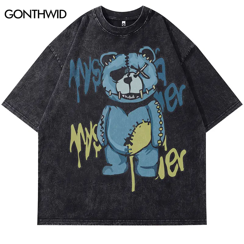 

Футболка мужская черная в стиле хип-хоп, уличная одежда, винтажная мультяшная игрушка, медведь, графический принт, промытая футболка в стиле Харадзюку, топы в стиле хип-хоп и панк, 2024