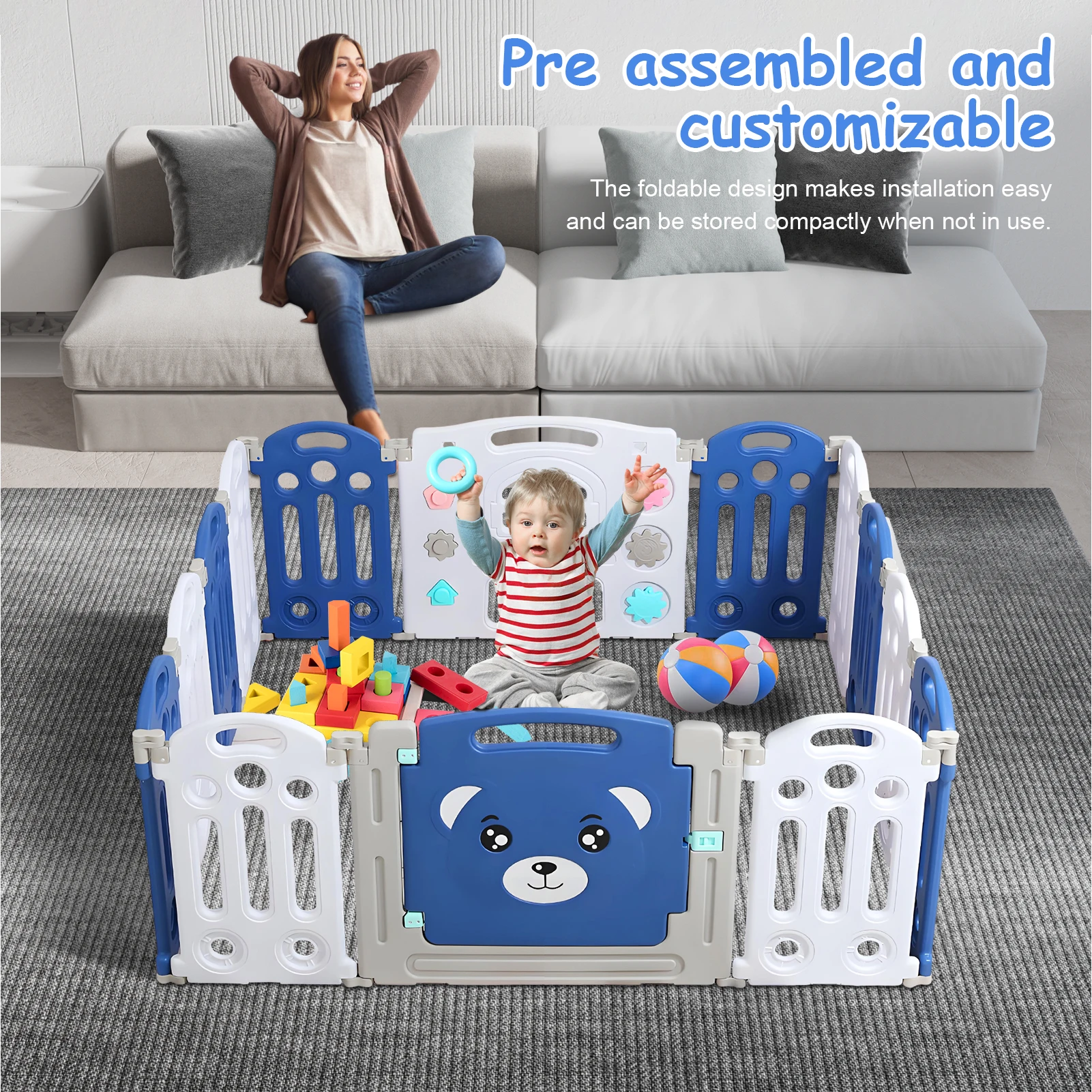 Foldable Playpen for Babies , Adjustable Shape Baby Fence, Safety Play Yard with Gate, Portable Play Area for Indoor or Outdoor 3