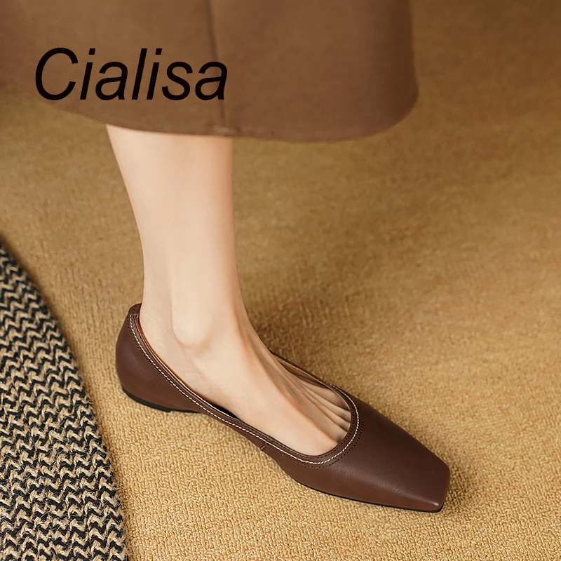 

Cialisa Flats 2023 Spring New Arrival Concise Square Toe Women's Shoes Genuine Leather Slip-On Casual Female Footwear Size 33-40