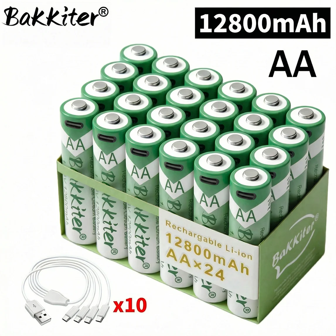 Batteria al Litio Ricaricabile USB BaKKiter 1.5V AA 12800mAh, Batteria Li-ion AA a Ricarica Rapida 2000 Cicli con Cavi Porta Type-C