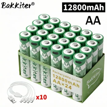 Batteria al Litio Ricaricabile USB BaKKiter 1.5V AA 12800mAh, Batteria Li-ion AA a Ricarica Rapida 2000 Cicli con Cavi Porta Type-C