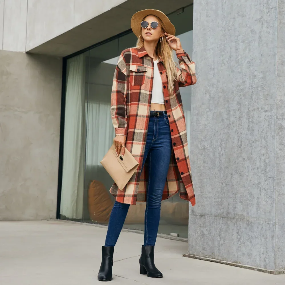 

Women‘s Fashion Plaid Coat Autumn/Winter Long Sleeve Plaid Print Button Open Long Cardigan Vintage Outerwear Windbreaker Jacket