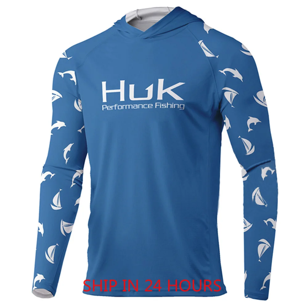 HUK Summer Fishing Shirts Men Long Sleeve Hooded Fishing Wear Upf 50 Breathabble T-Shirt Camisetas Pesca Jersey De Pesca
