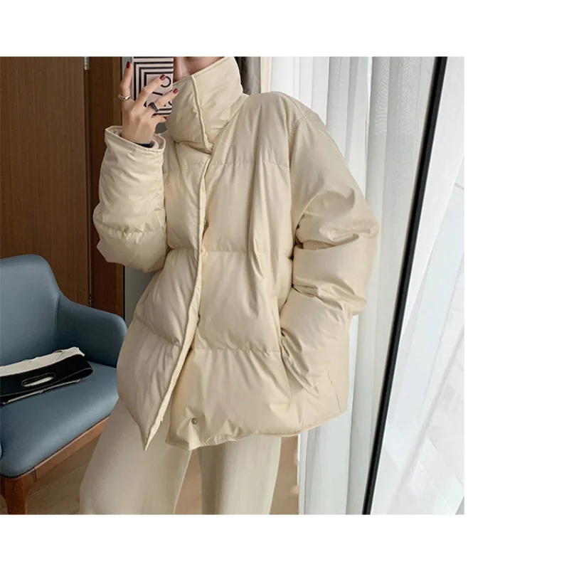 2023 Warm PU Leather White Duck Down Jackets Women Winter Short Bread Coats Loose Tops Commuting Stand Collar Single-breasted